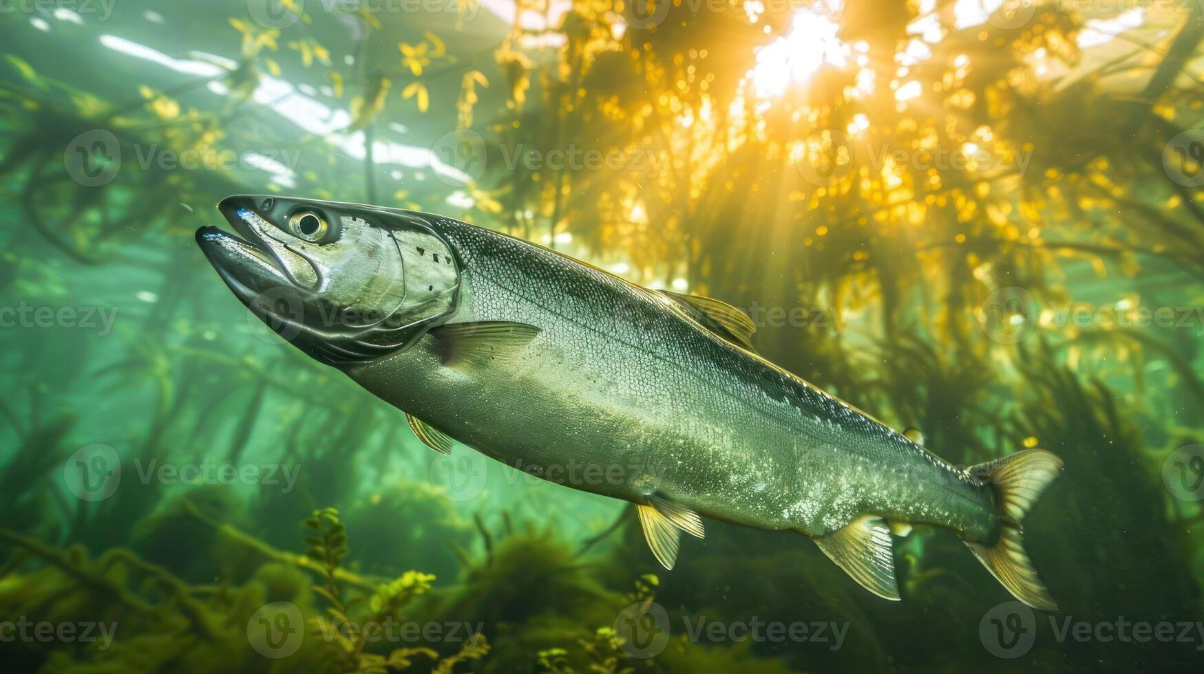 Underwater scene featuring a salmon swimming through vibrant kelp forest with sunlight filtering photo