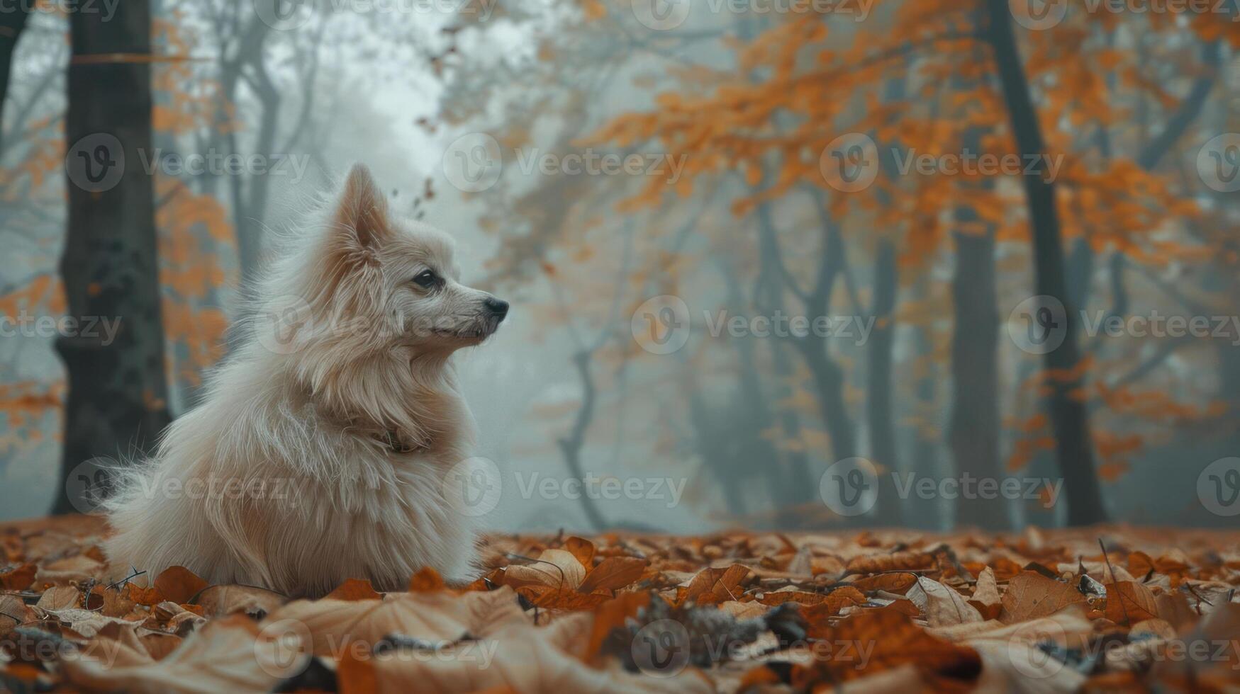 A fluffy white dog sitting amidst vibrant autumn leaves in a foggy forest setting photo