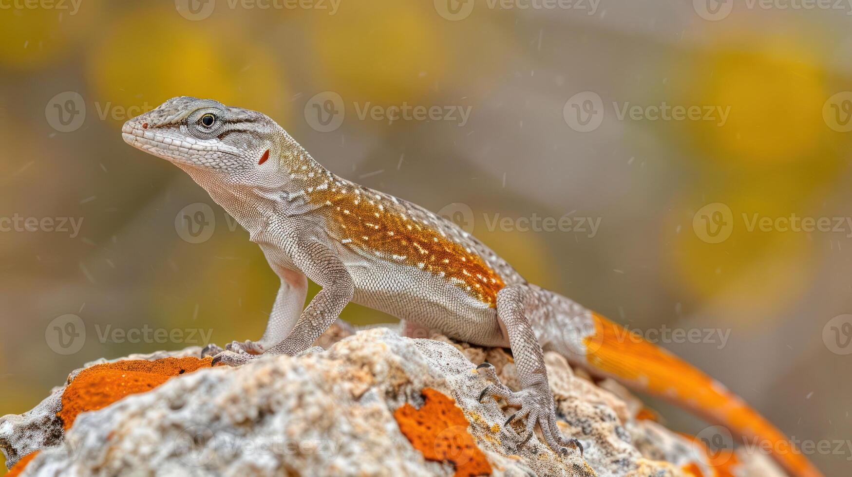 Colorful lizard perched on a rocky surface with a blurred natural background during daylight photo