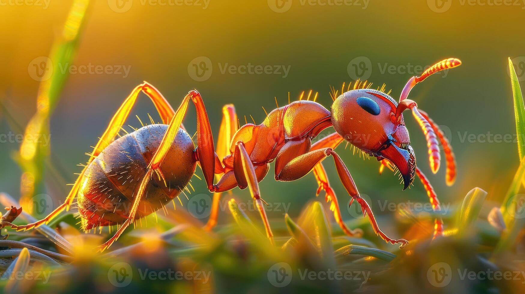 Close-up of a vibrant ant walking on green grass during sunset, showcasing intricate details and textures photo