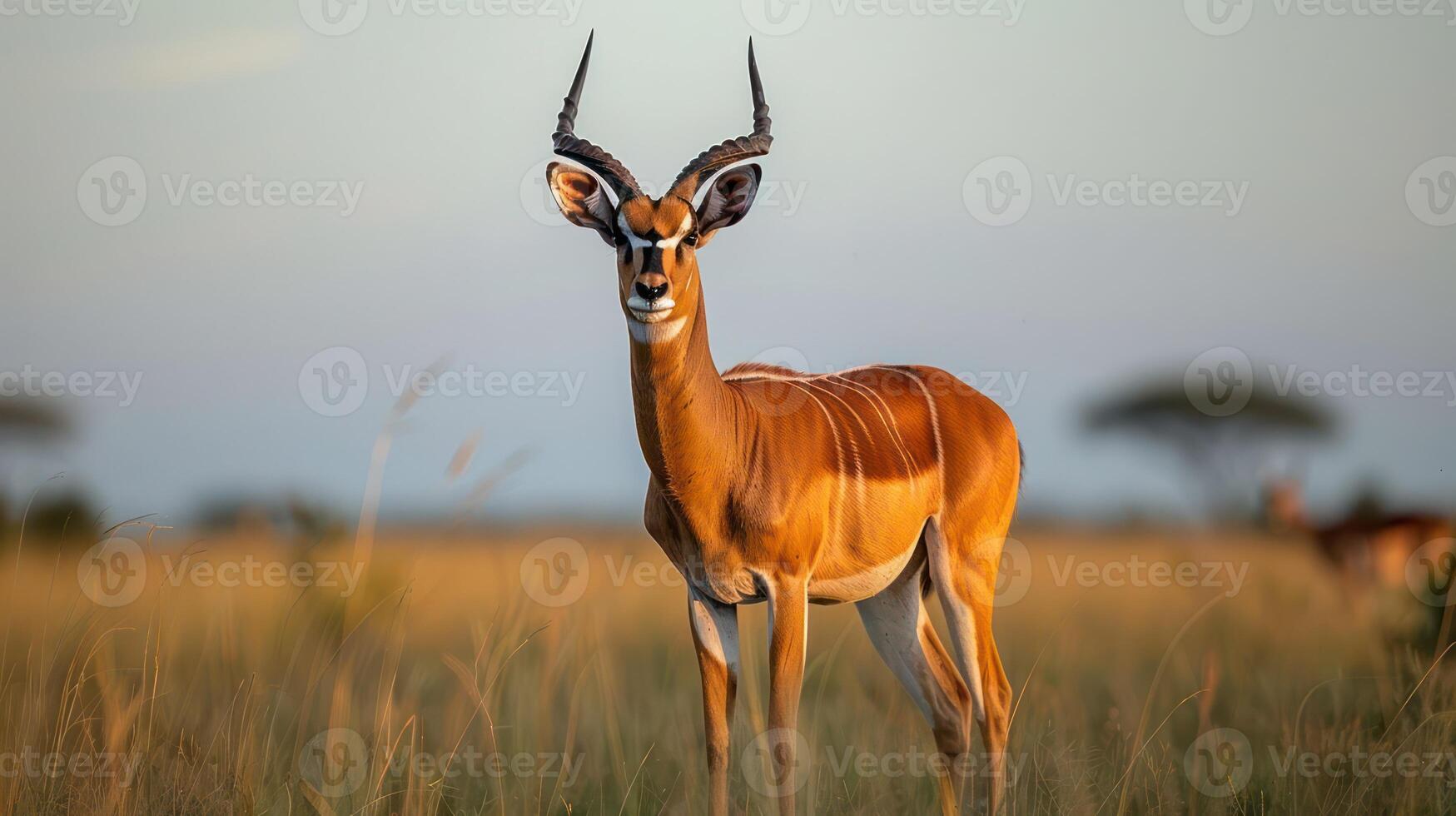 Majestic antelope standing gracefully in golden grassland at sunset, showcasing natural beauty photo