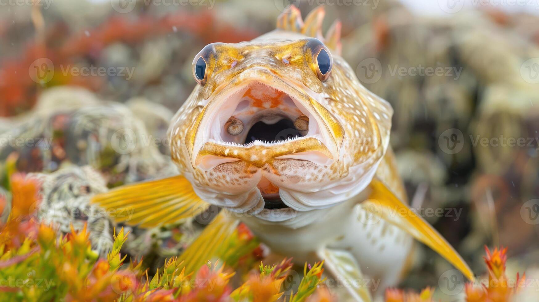 Close-up of a vibrant fish with an open mouth amidst colorful underwater vegetation photo