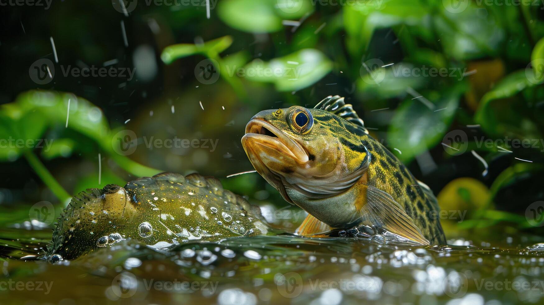 Vibrant underwater scene featuring a colorful fish emerging from the water, surrounded by lush greenery photo