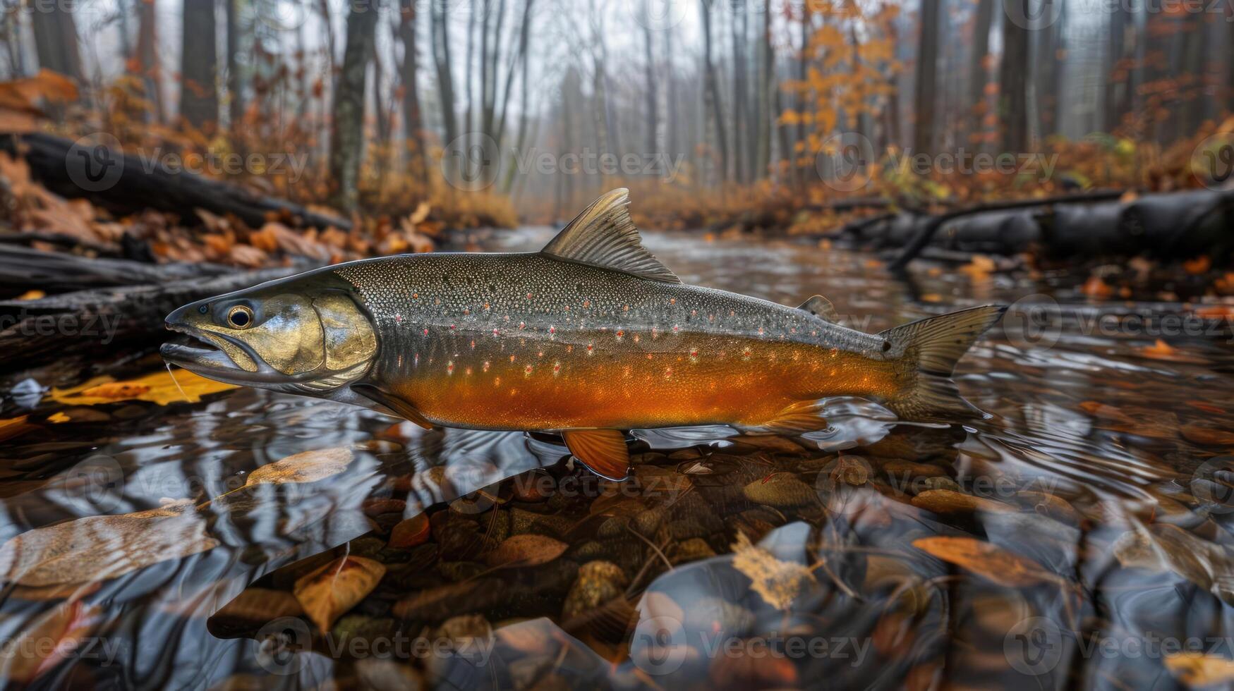A brook trout swimming in a serene autumn stream surrounded by colorful foliage and misty trees photo