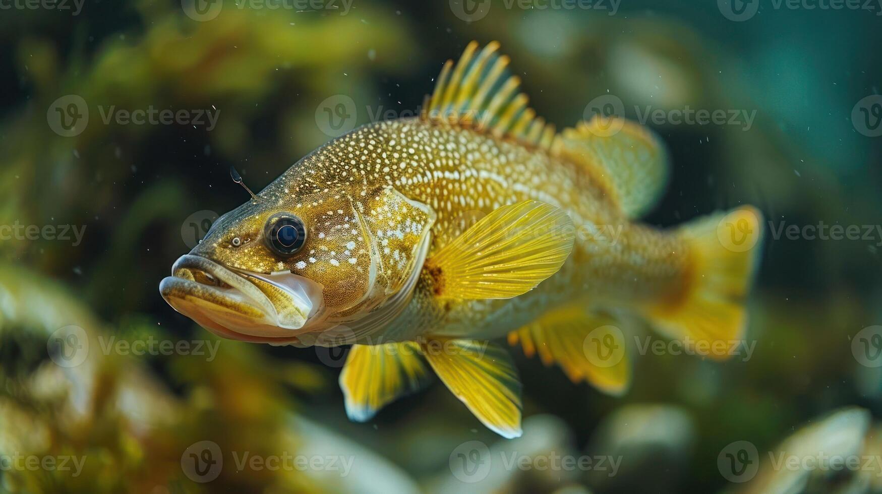 Underwater close-up of a vibrant yellow-spotted fish swimming among seaweed in a serene ocean photo