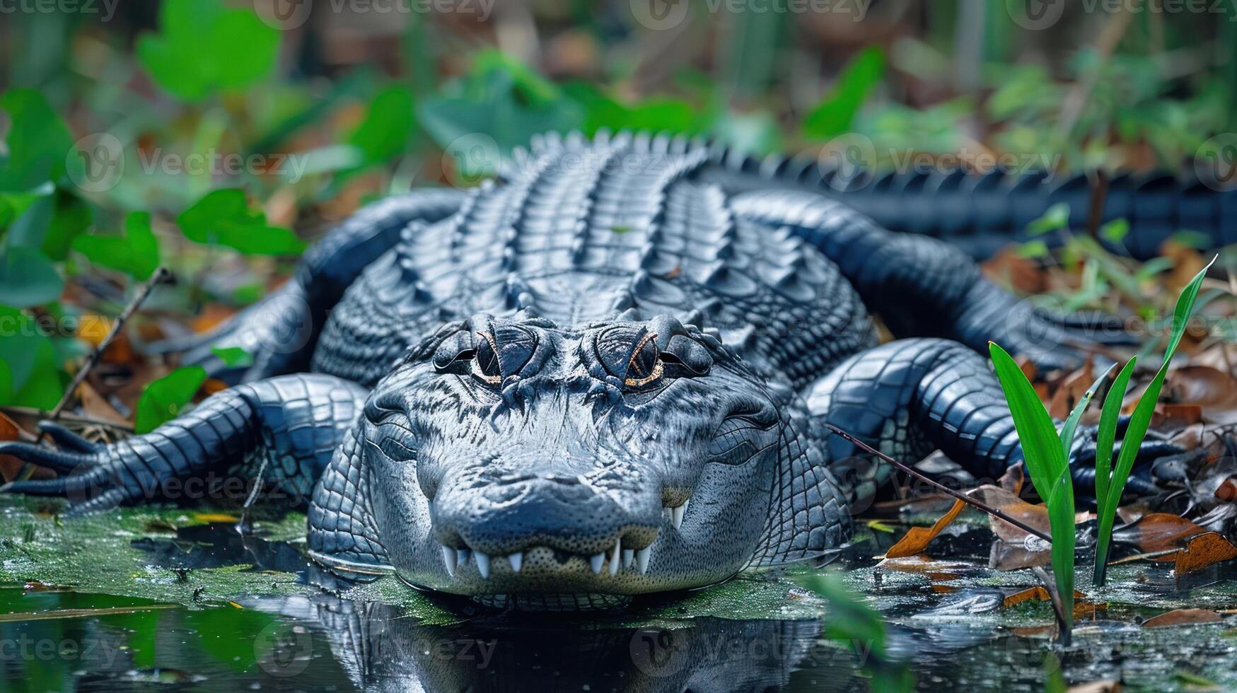 Close-up of an alligator resting in a lush wetland, surrounded by greenery and water reflections photo