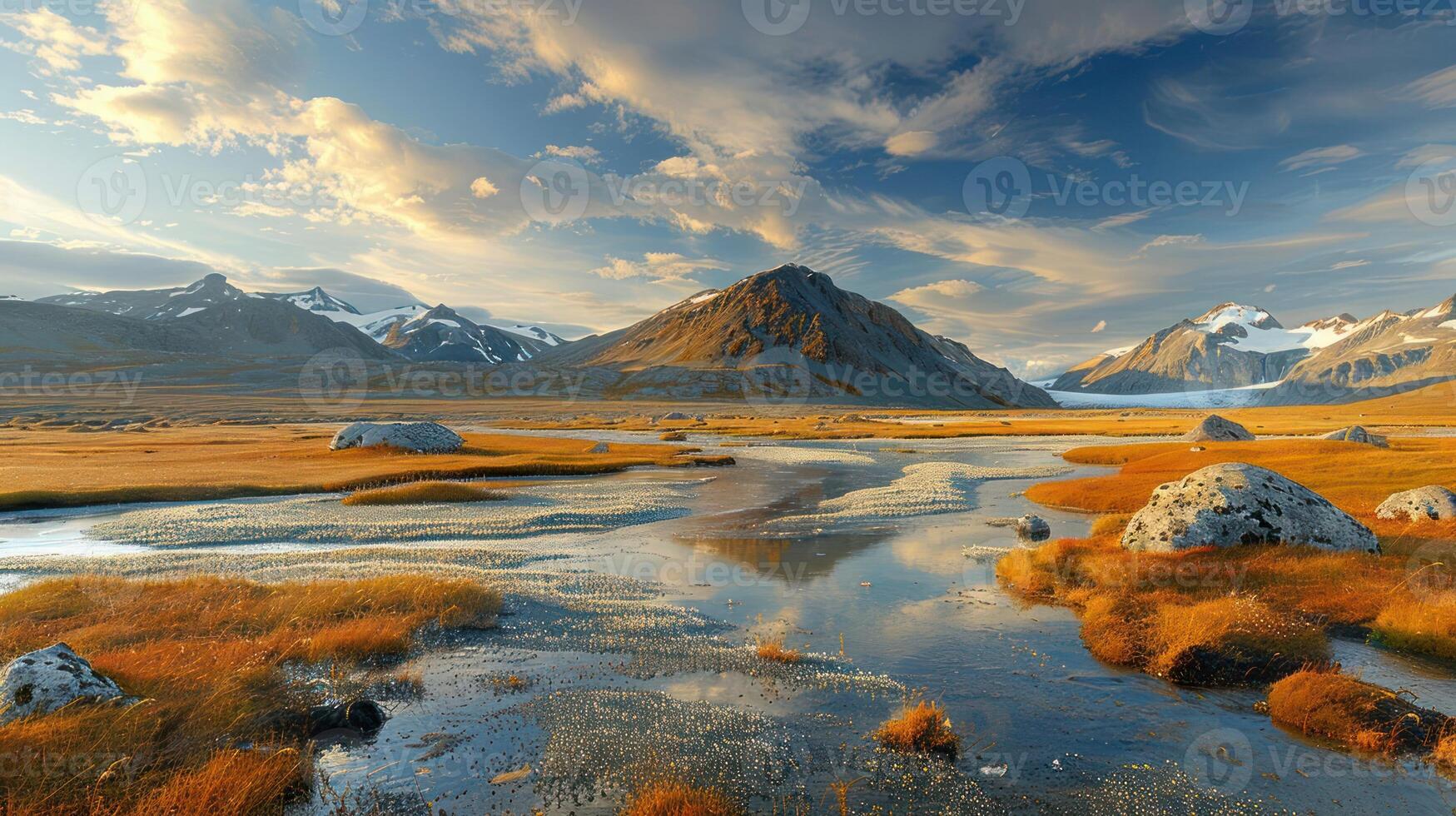 Serene Mountain Landscape with Reflections in Calm Water during Golden Hour at Dusk photo