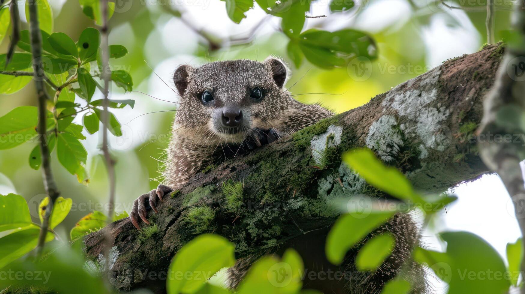 Close-up of a curious animal perched on a tree branch amidst lush green foliage photo