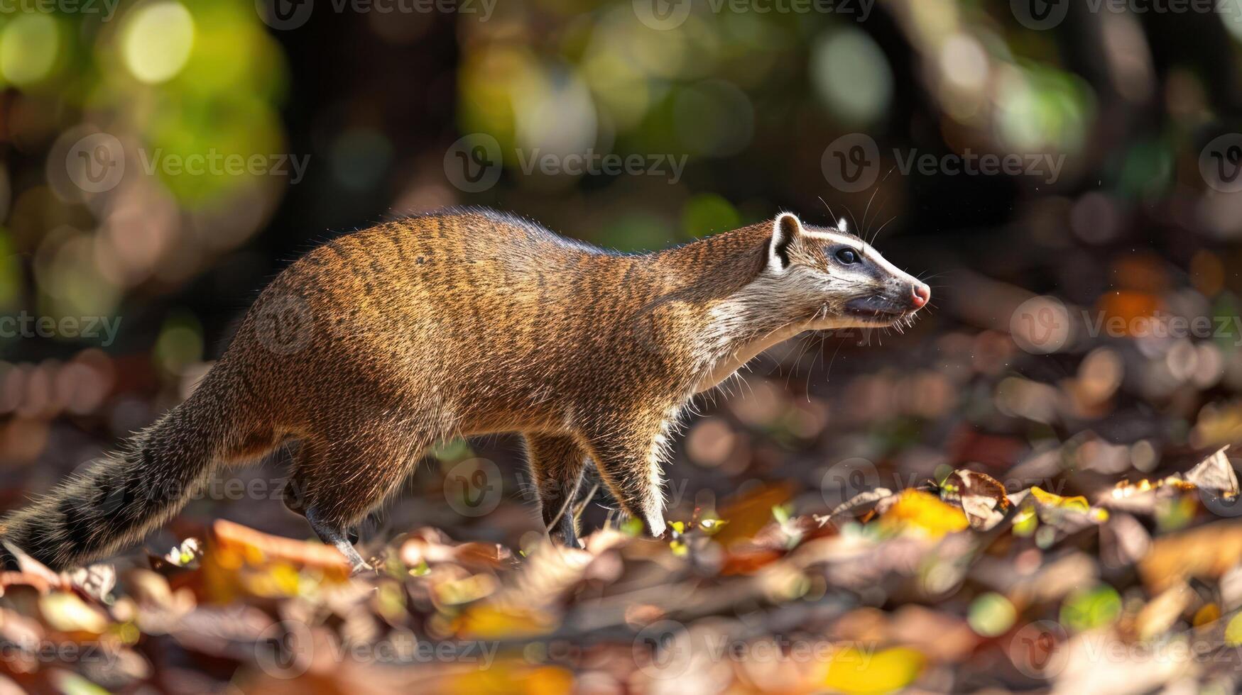 A curious mongoose exploring a vibrant forest floor covered in autumn leaves photo