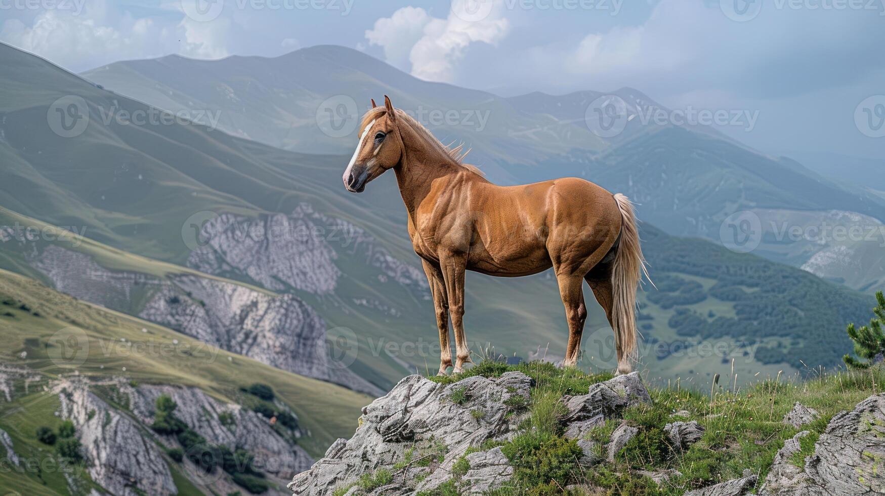 Majestic horse standing on a rocky outcrop overlooking a vast mountain landscape under a cloudy sky photo
