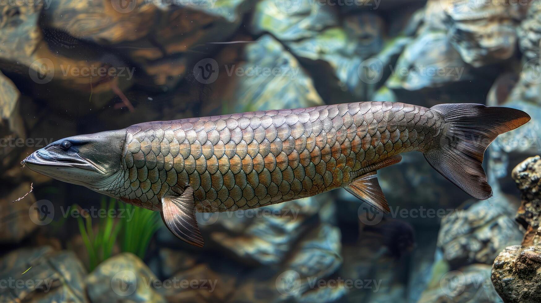 Majestic freshwater fish swimming gracefully among rocky underwater landscape photo