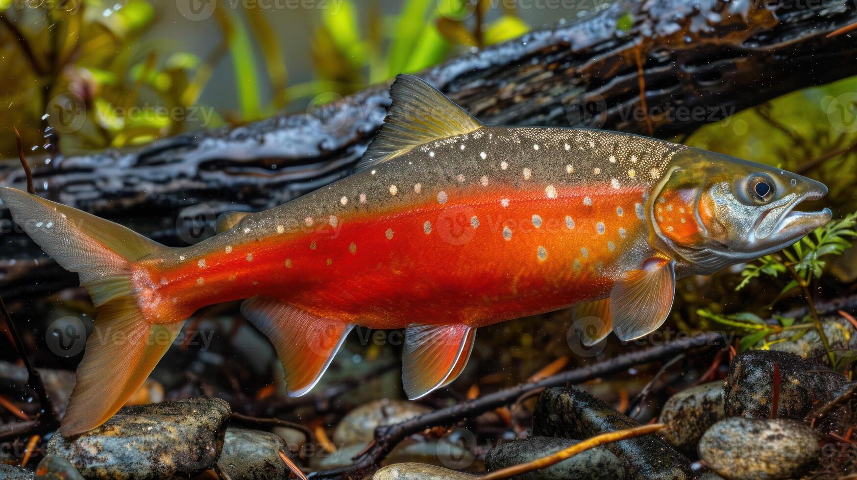 Colorful brook trout swimming gracefully among rocks and aquatic plants in a serene river environment photo