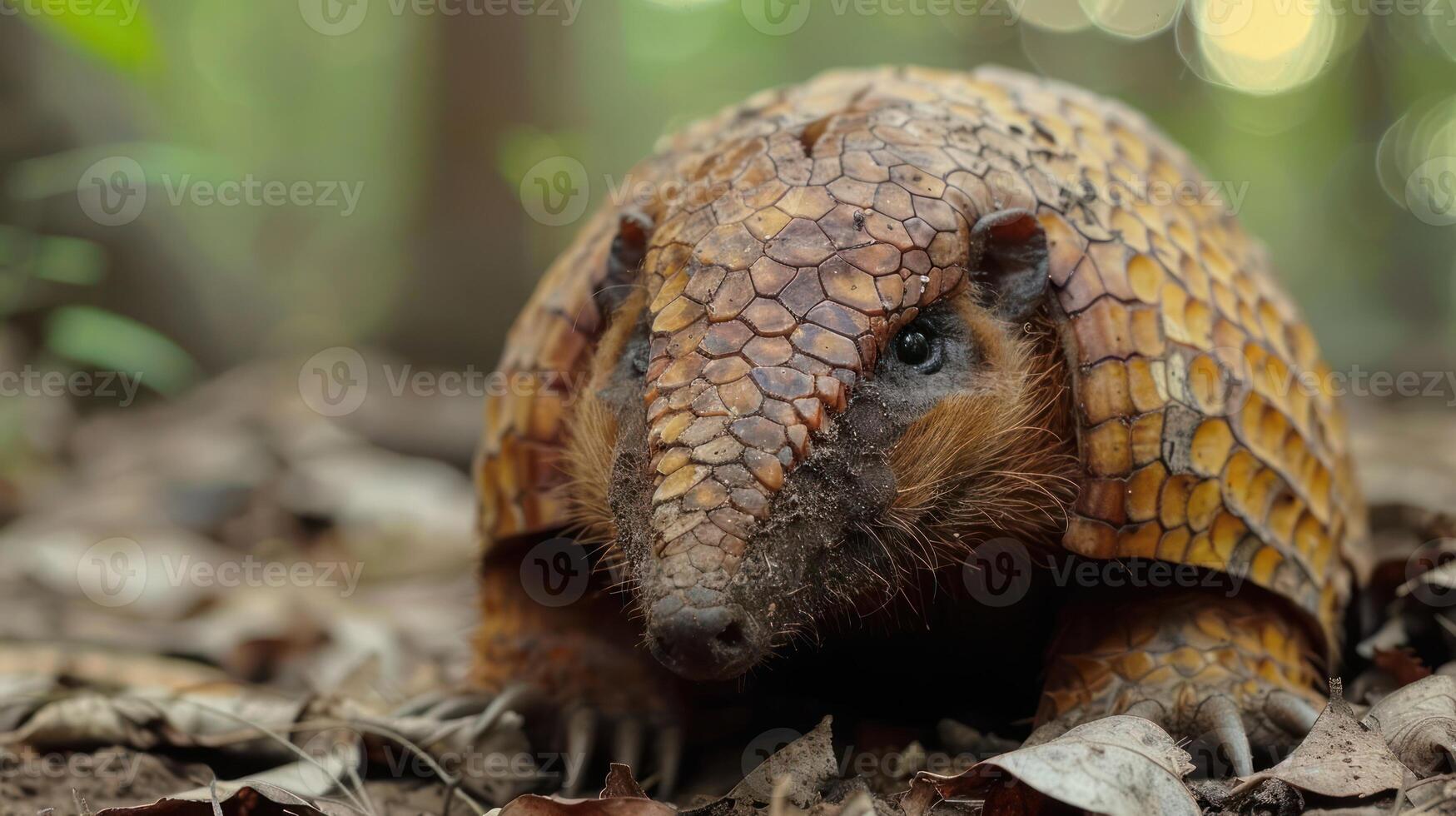 Close-up of a unique armadillo in a lush forest setting, surrounded by leaves and soft sunlight photo