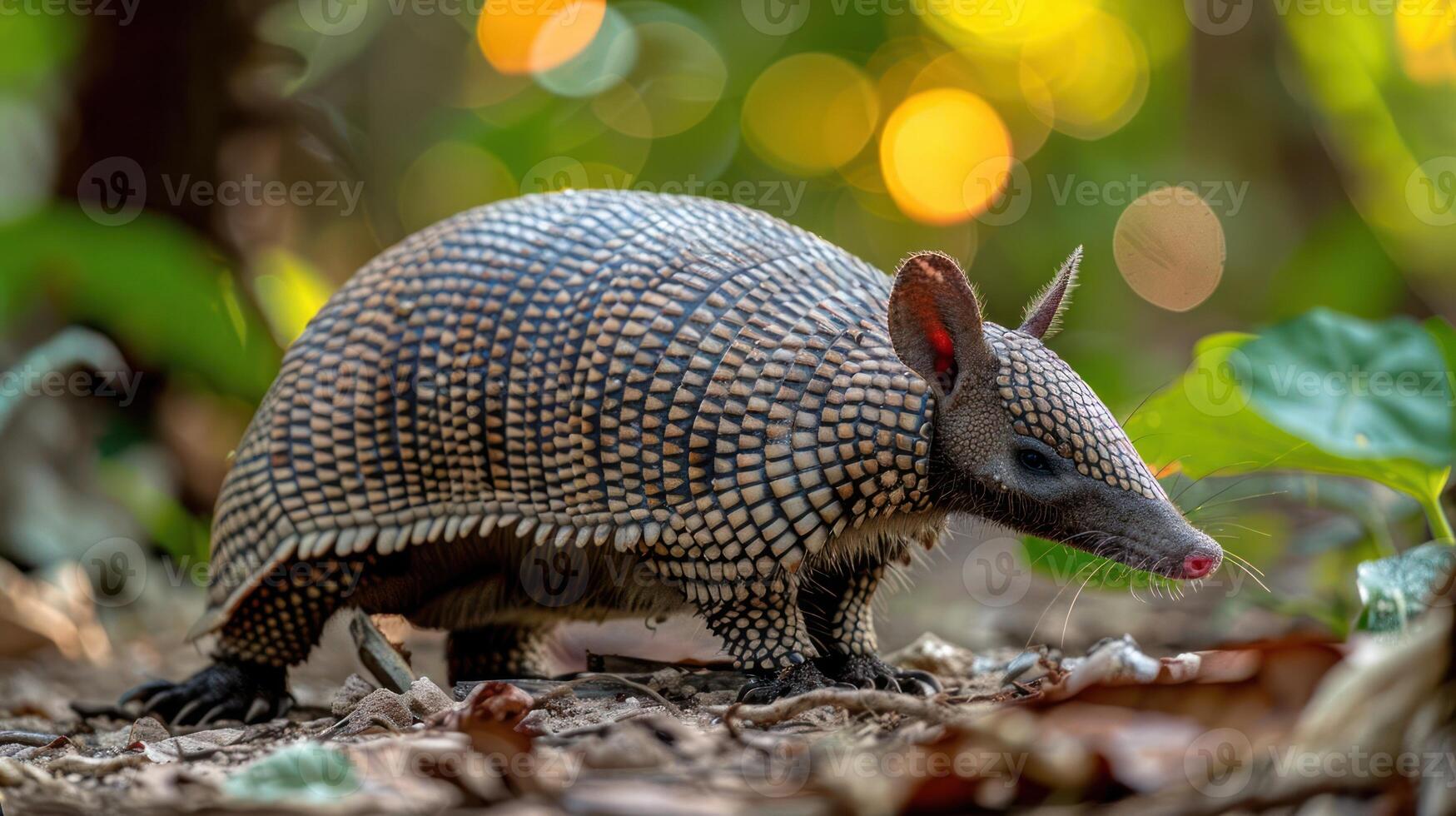 Close-up of an armadillo foraging on forest floor surrounded by vibrant foliage and bokeh lights photo
