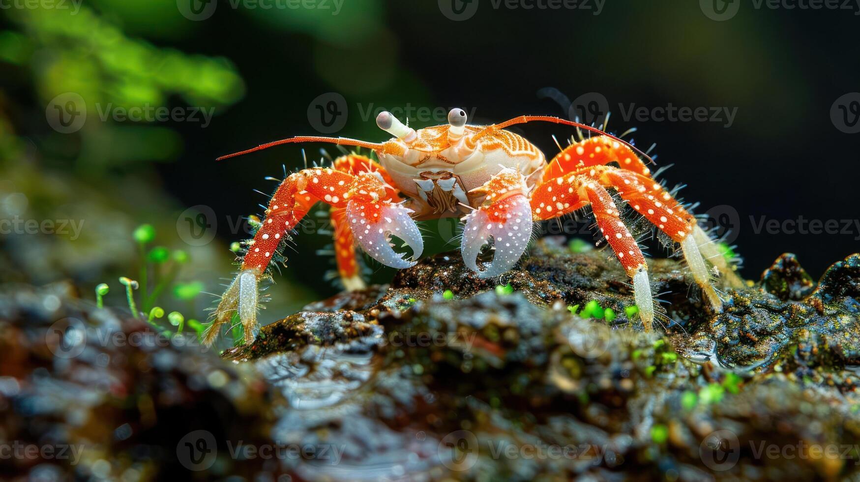Vibrant close-up of a colorful crab perched on a rocky surface in a lush underwater environment photo