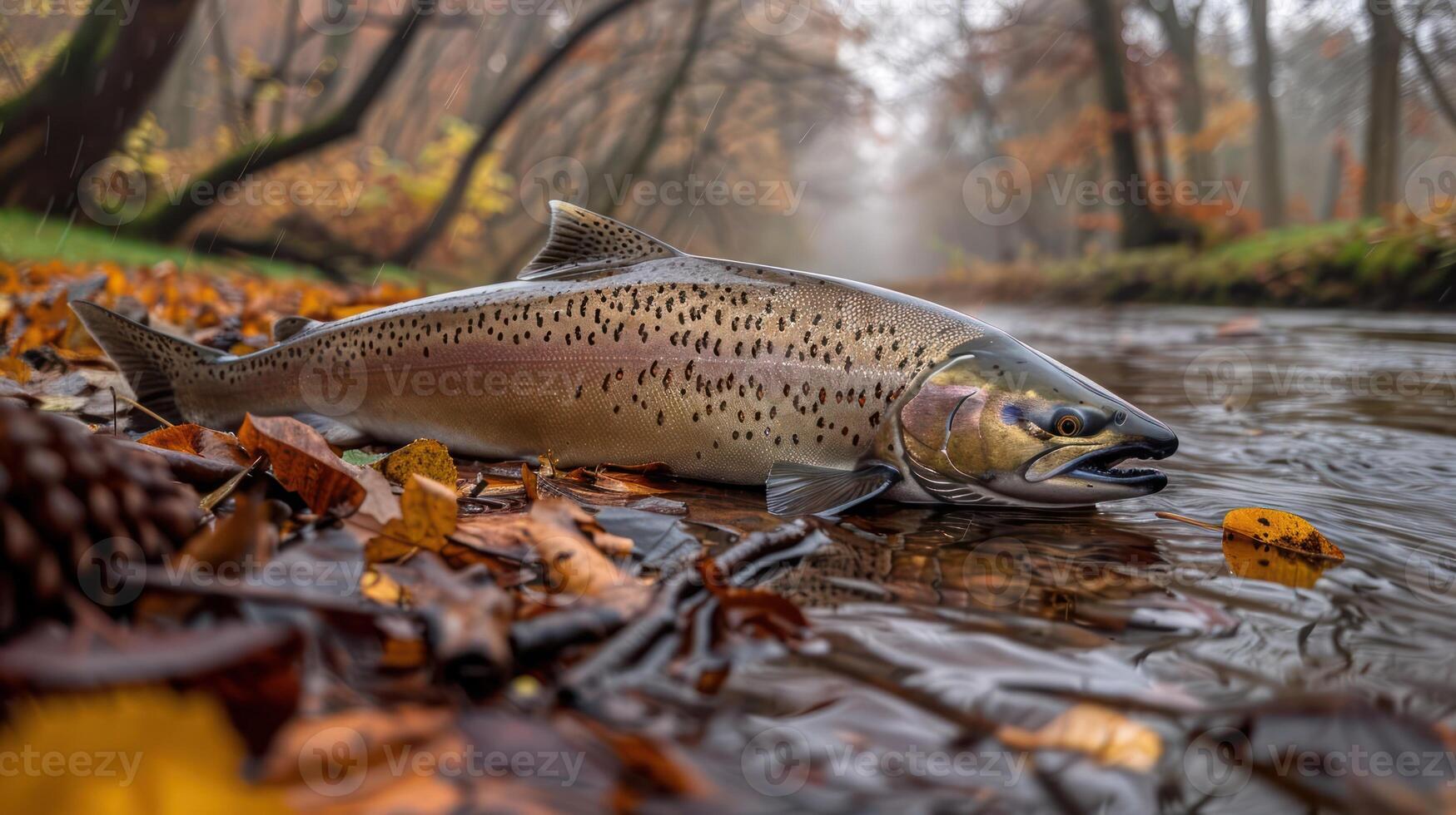 A brown trout resting on autumn leaves by a misty riverbank in a tranquil forest photo