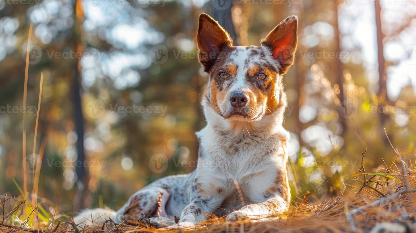A serene dog resting on pine needles in a sunlit forest, surrounded by tall trees and soft foliage photo