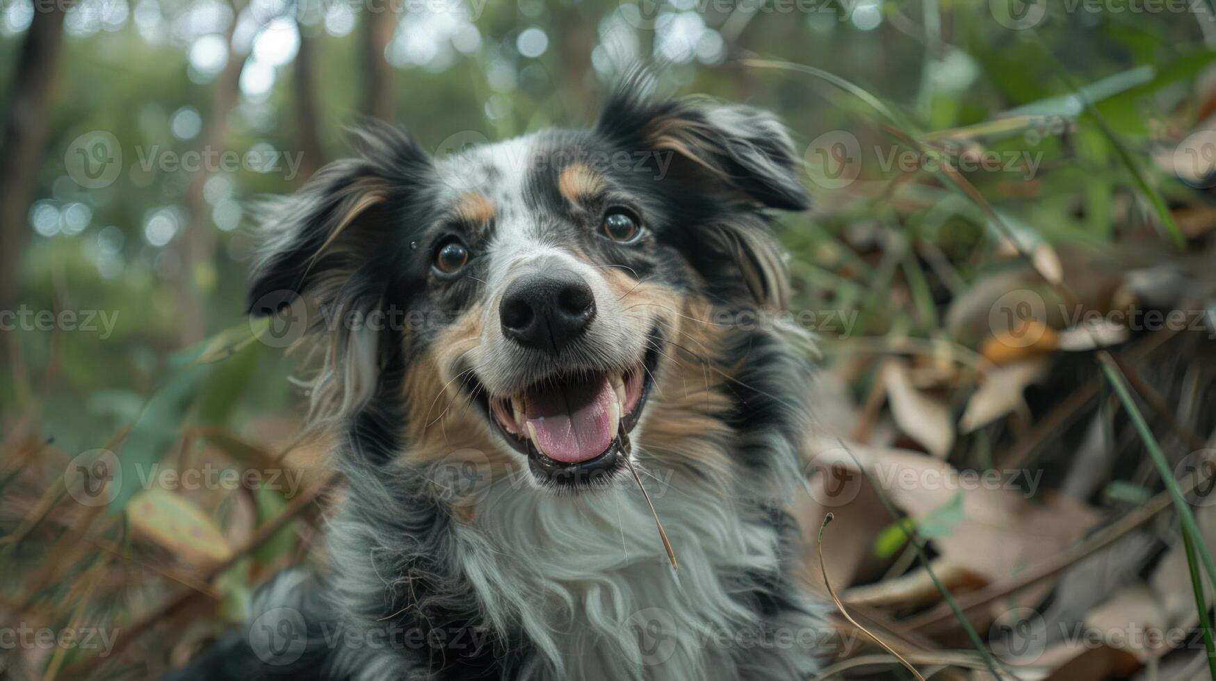 Happy Australian Shepherd dog in a lush forest setting surrounded by fallen leaves and greenery photo