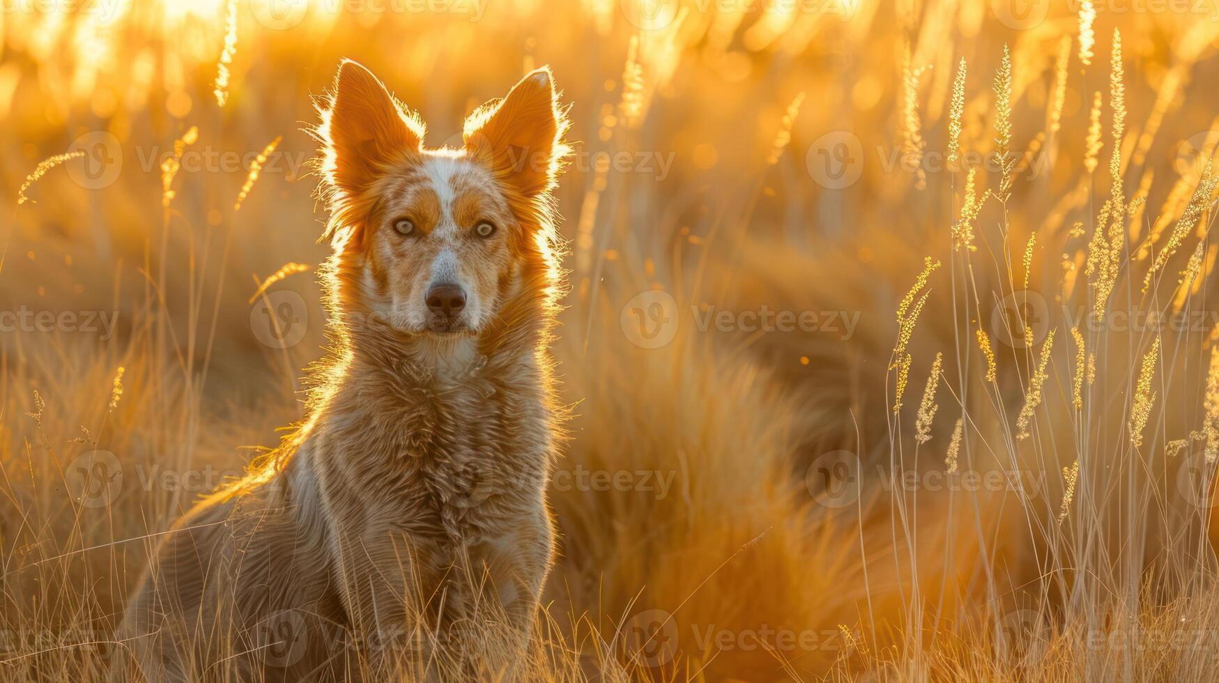 A golden-hued dog stands proudly in a sunlit field of tall grass during sunset photo