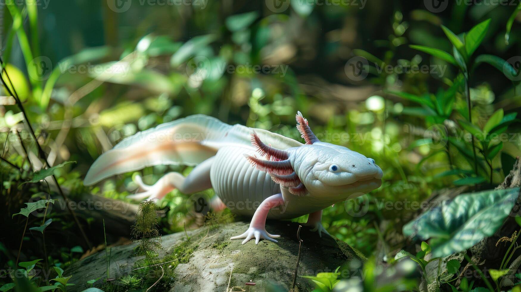 A vibrant axolotl exploring a lush, green forest with sunlight filtering through the leaves photo