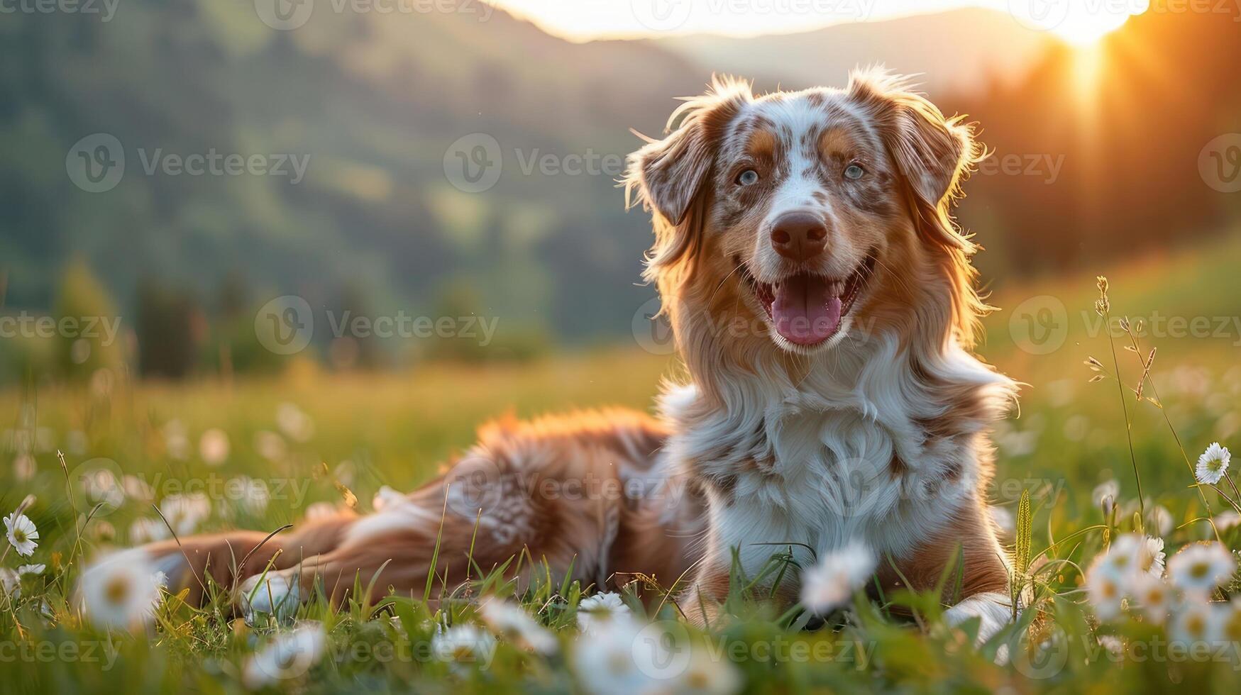 Happy dog lying in a flower-filled meadow during sunset, with mountains in the background photo