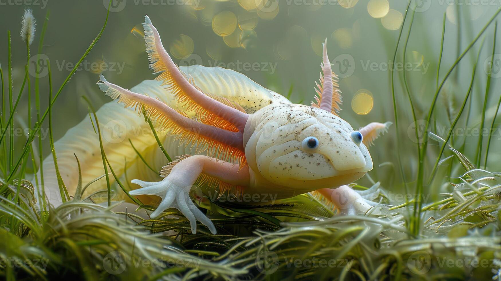 A serene axolotl gracefully navigating through lush aquatic vegetation in a tranquil setting photo
