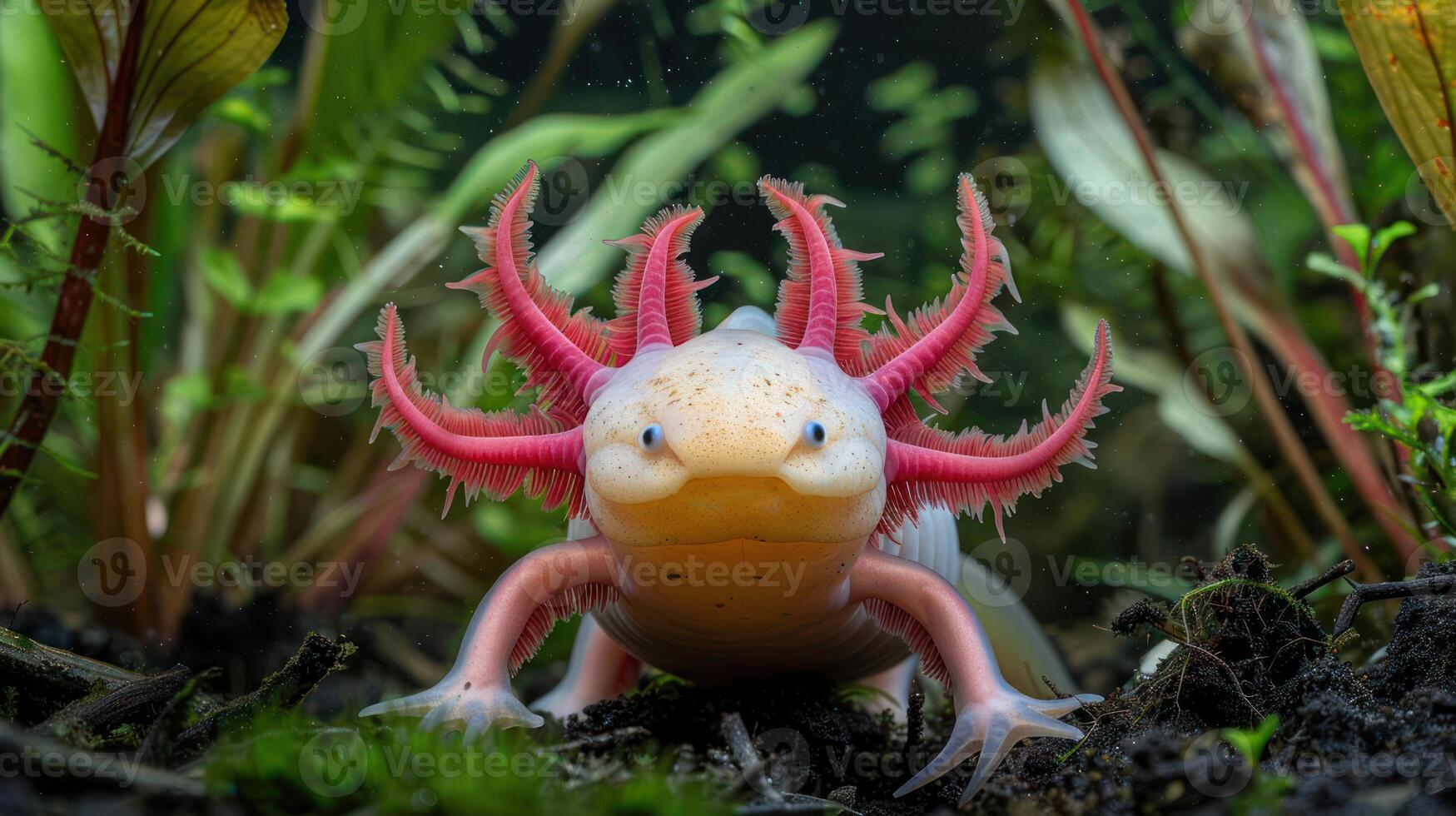 Colorful axolotl in a lush aquatic environment, showcasing its unique features and habitat photo