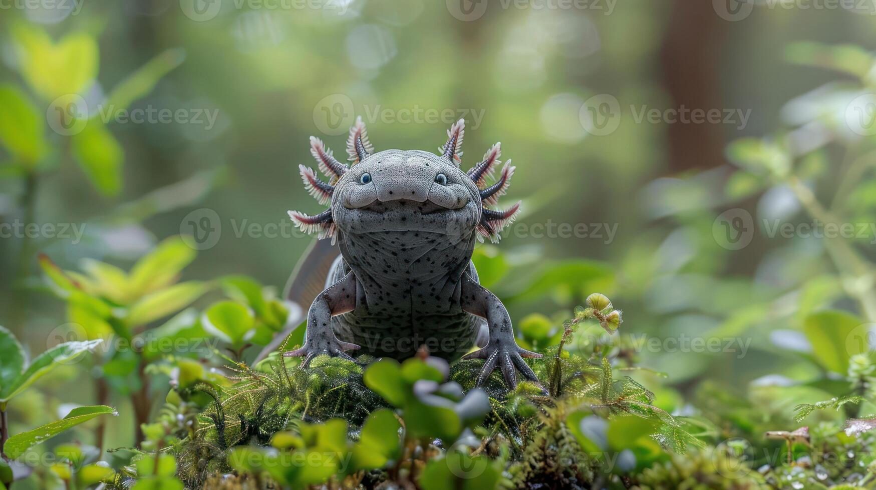 A charming amphibian with frilled gills sits among lush greenery in a serene forest setting photo