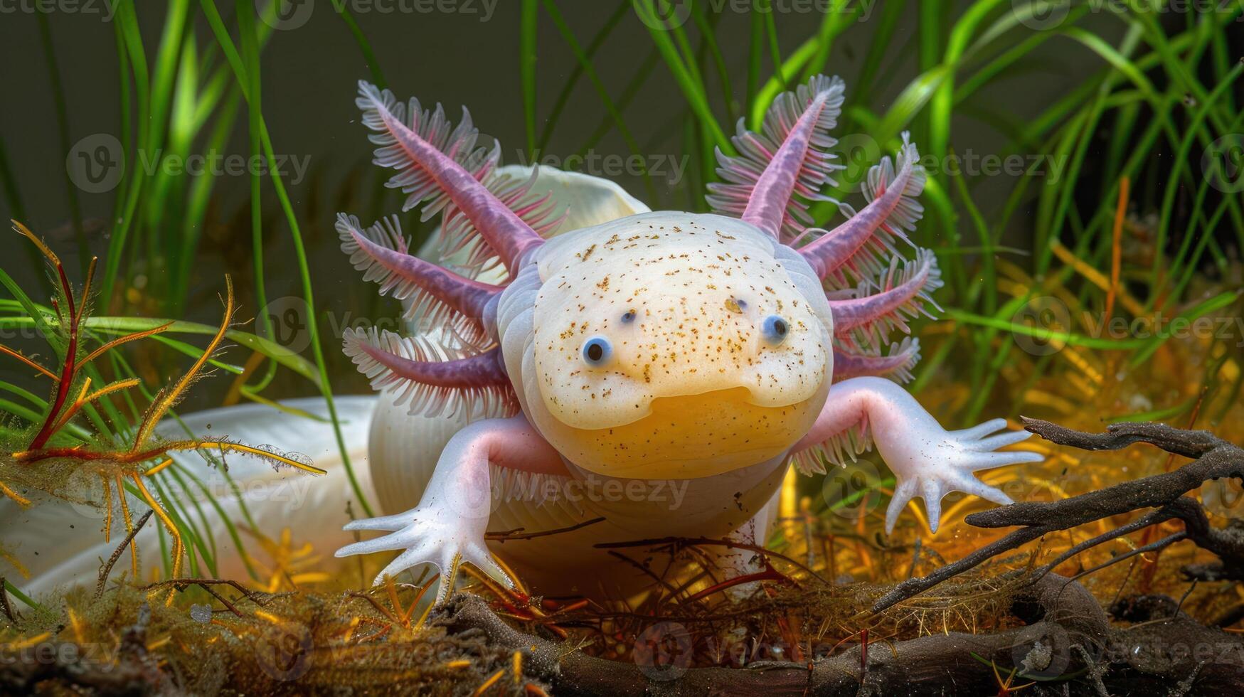 A vibrant axolotl swimming among aquatic plants in a clear habitat, showcasing its unique features photo
