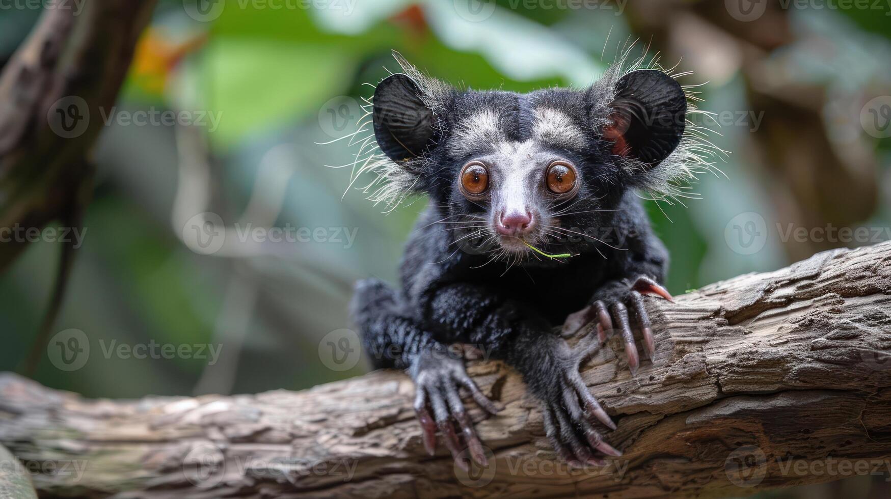 Close-up of a unique primate perched on a branch in a lush jungle environment photo