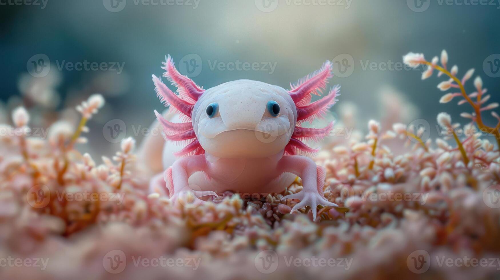 A vibrant axolotl exploring a colorful underwater garden filled with delicate plants photo