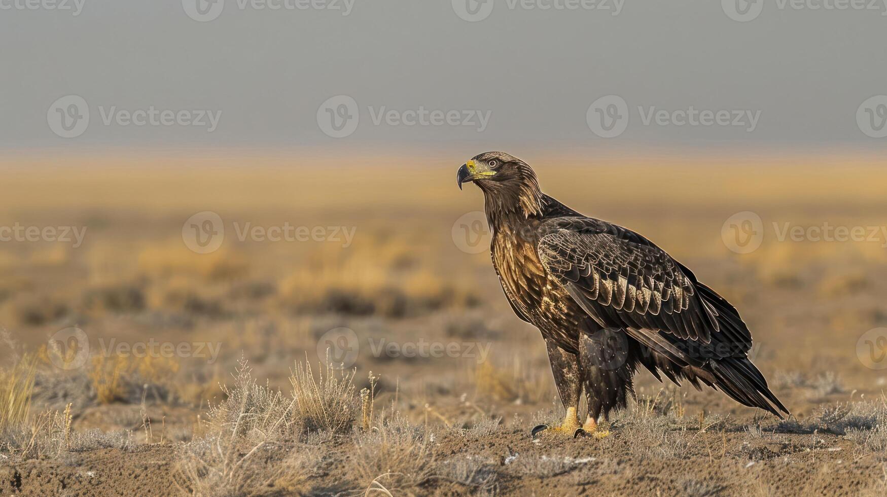 Majestic golden eagle perched on arid landscape, surveying its surroundings under a hazy sky photo