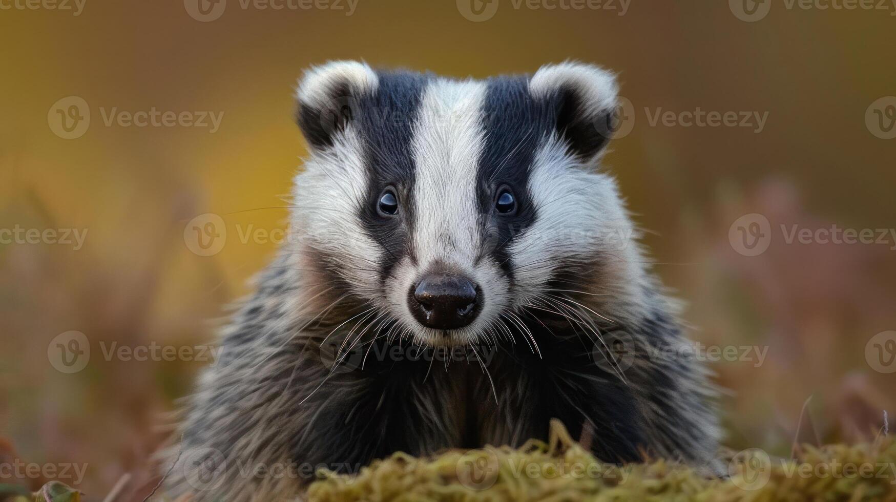 Close-up of a curious badger in a natural setting, surrounded by autumn foliage, exploring its habitat photo