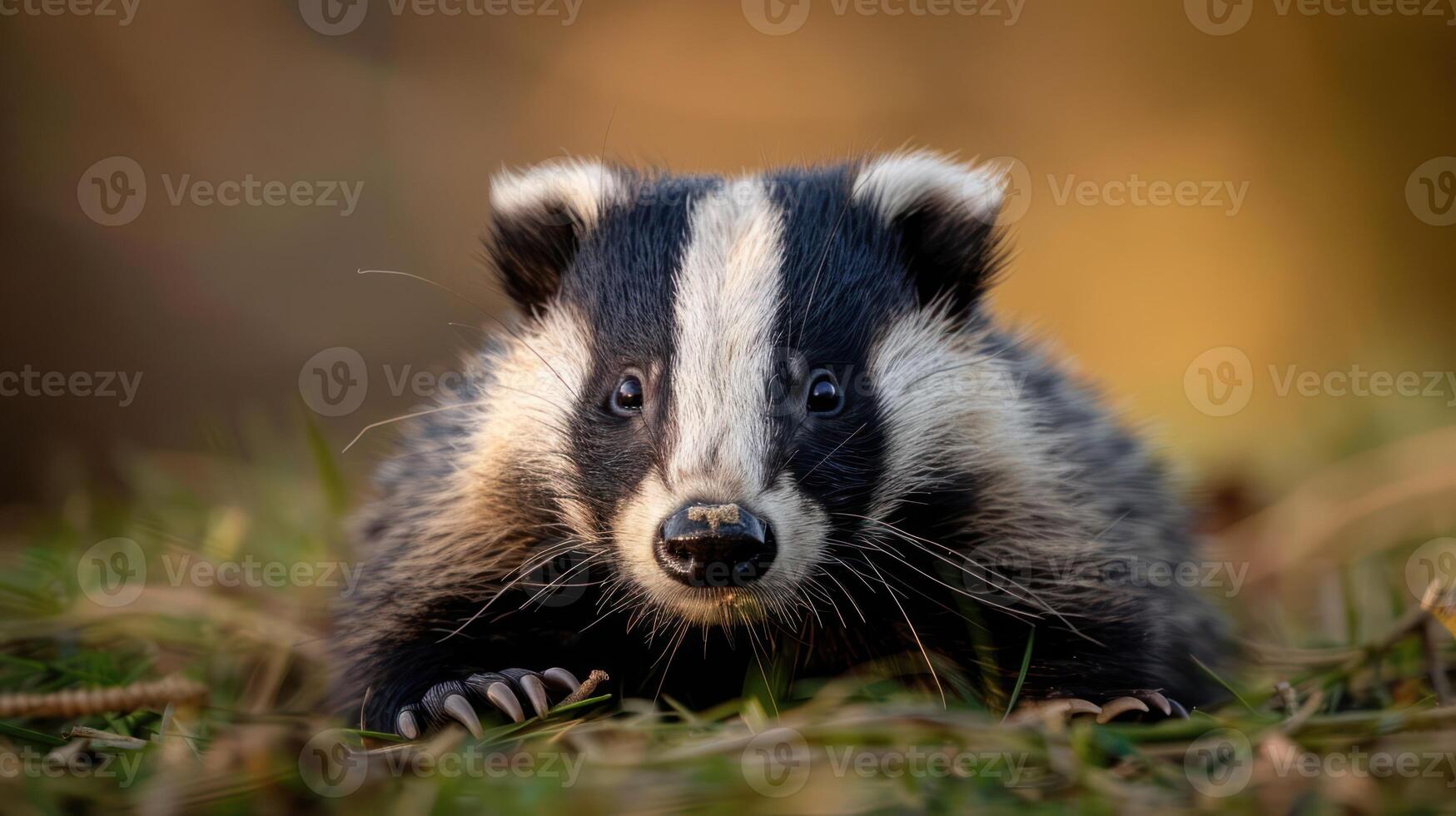 Close-up of a curious badger resting on green grass with a blurred natural background photo