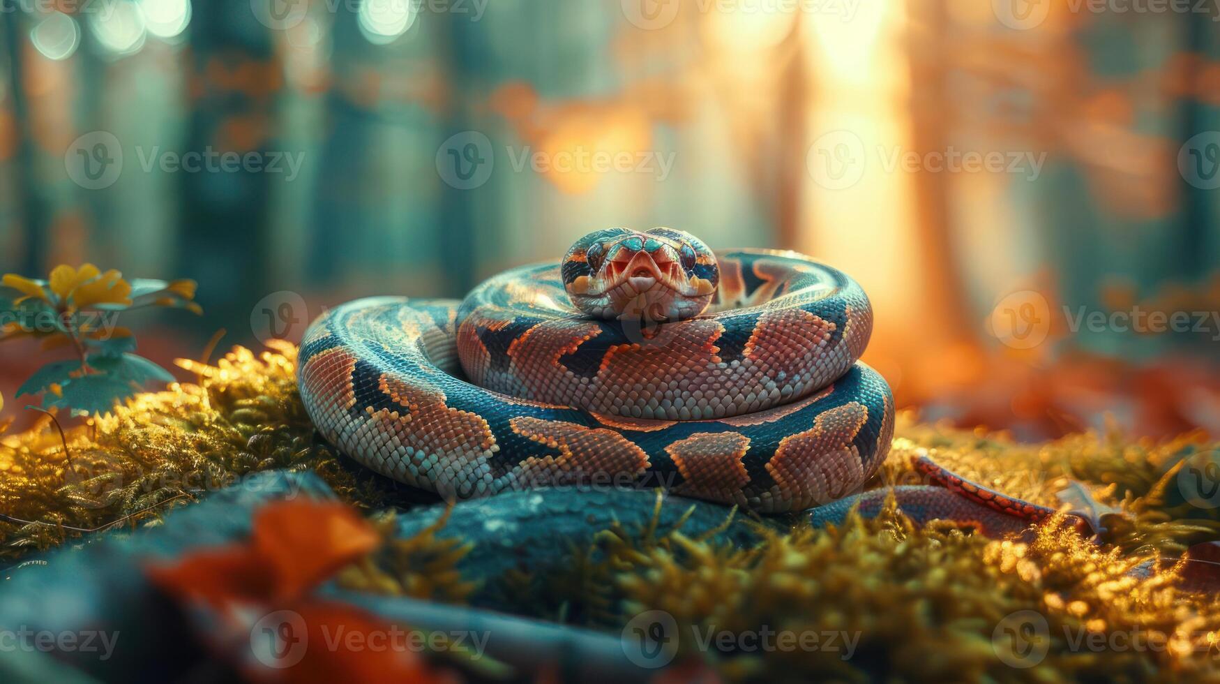 A vibrant snake coiled on moss in a sunlit forest, surrounded by autumn leaves and soft light photo