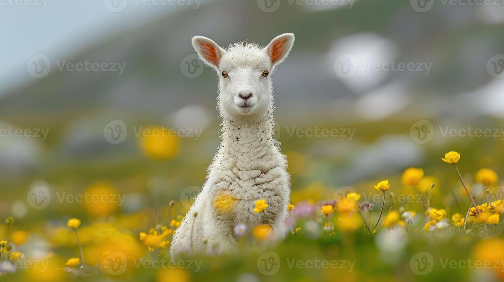 A serene young lamb sitting amidst vibrant wildflowers in a lush green meadow, with mountains in the background photo