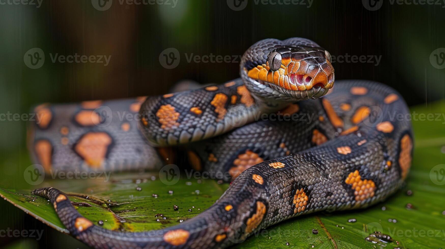 Colorful snake coiled on a leaf in a lush tropical environment, showcasing vibrant patterns photo