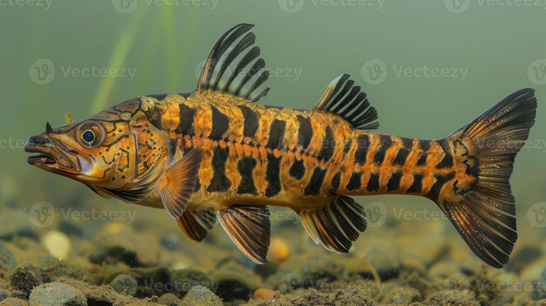 Colorful freshwater fish swimming in a clear riverbed surrounded by pebbles and aquatic plants photo
