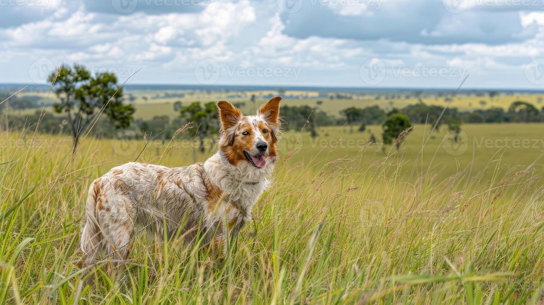 Playful dog standing in tall grass with a vast landscape and cloudy sky in the background photo