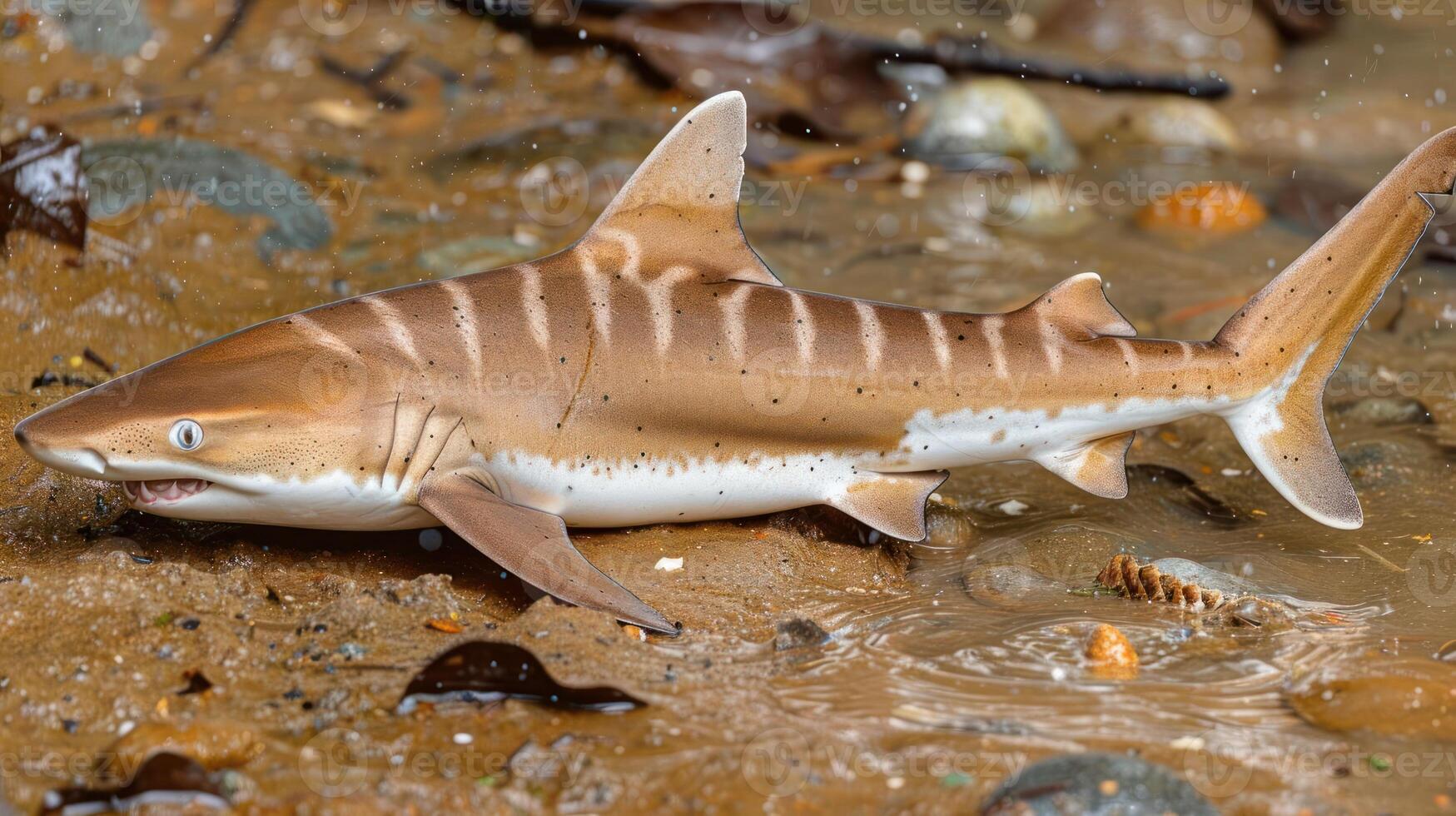 A realistic toy shark resting on a muddy shore with pebbles, showcasing intricate details and textures photo