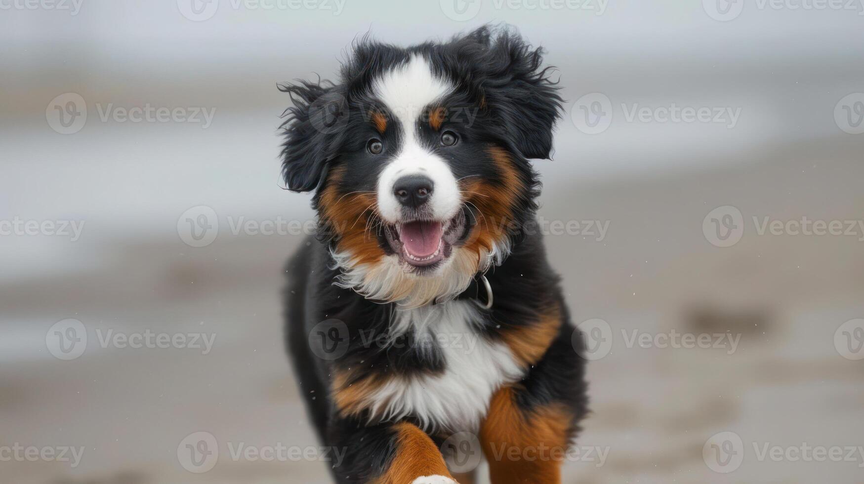 Playful Bernese Mountain Dog Puppy Running Joyfully Along a Sandy Beach with Ocean Waves photo