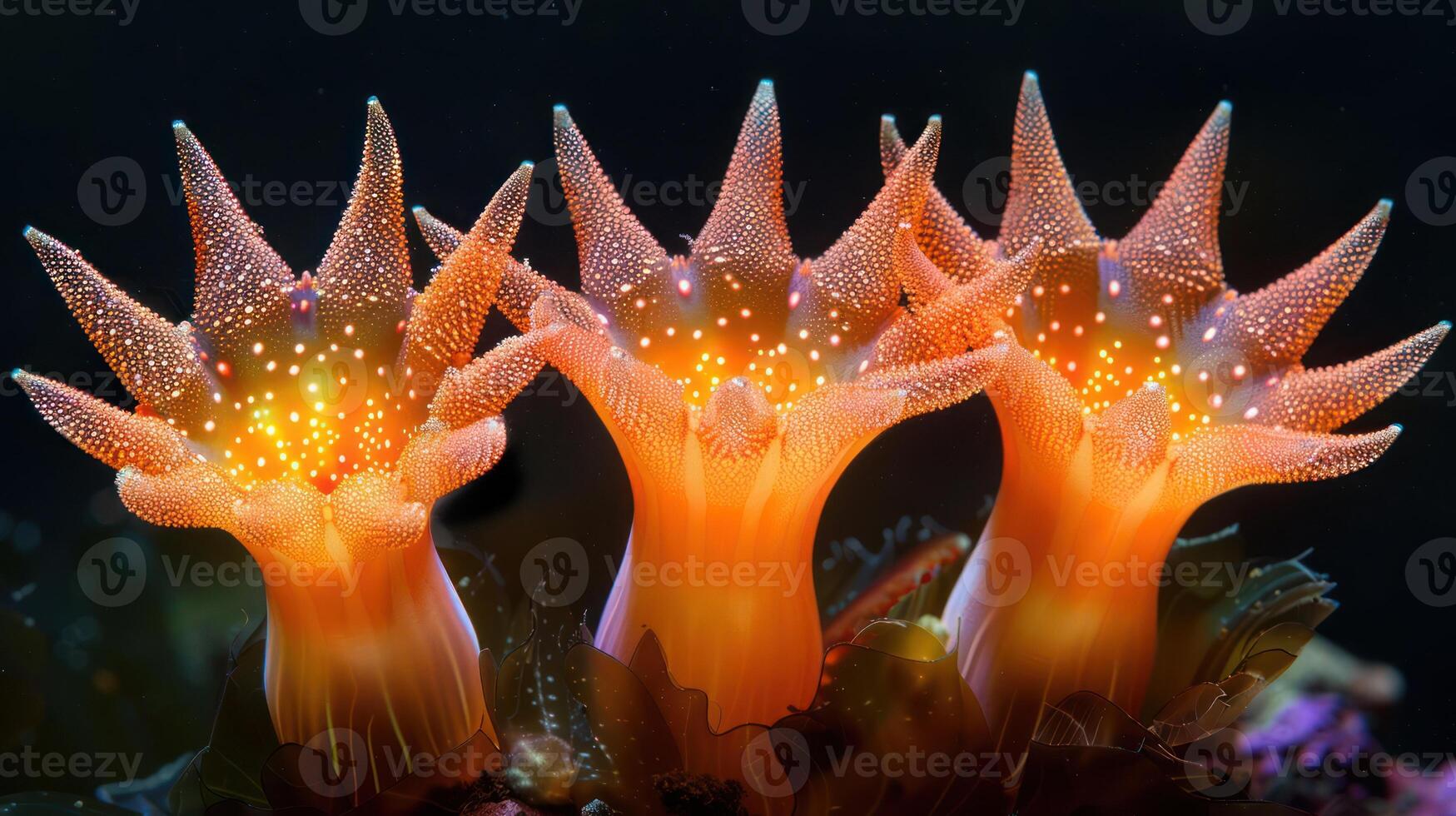 Vibrant underwater scene featuring three glowing coral formations in a dark ocean environment photo