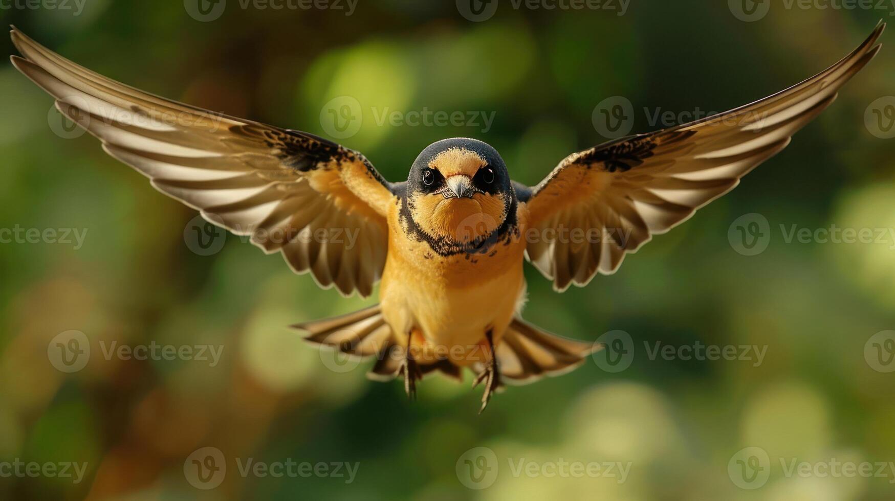 A vibrant swallow bird in mid-flight against a blurred green background, showcasing its grace photo