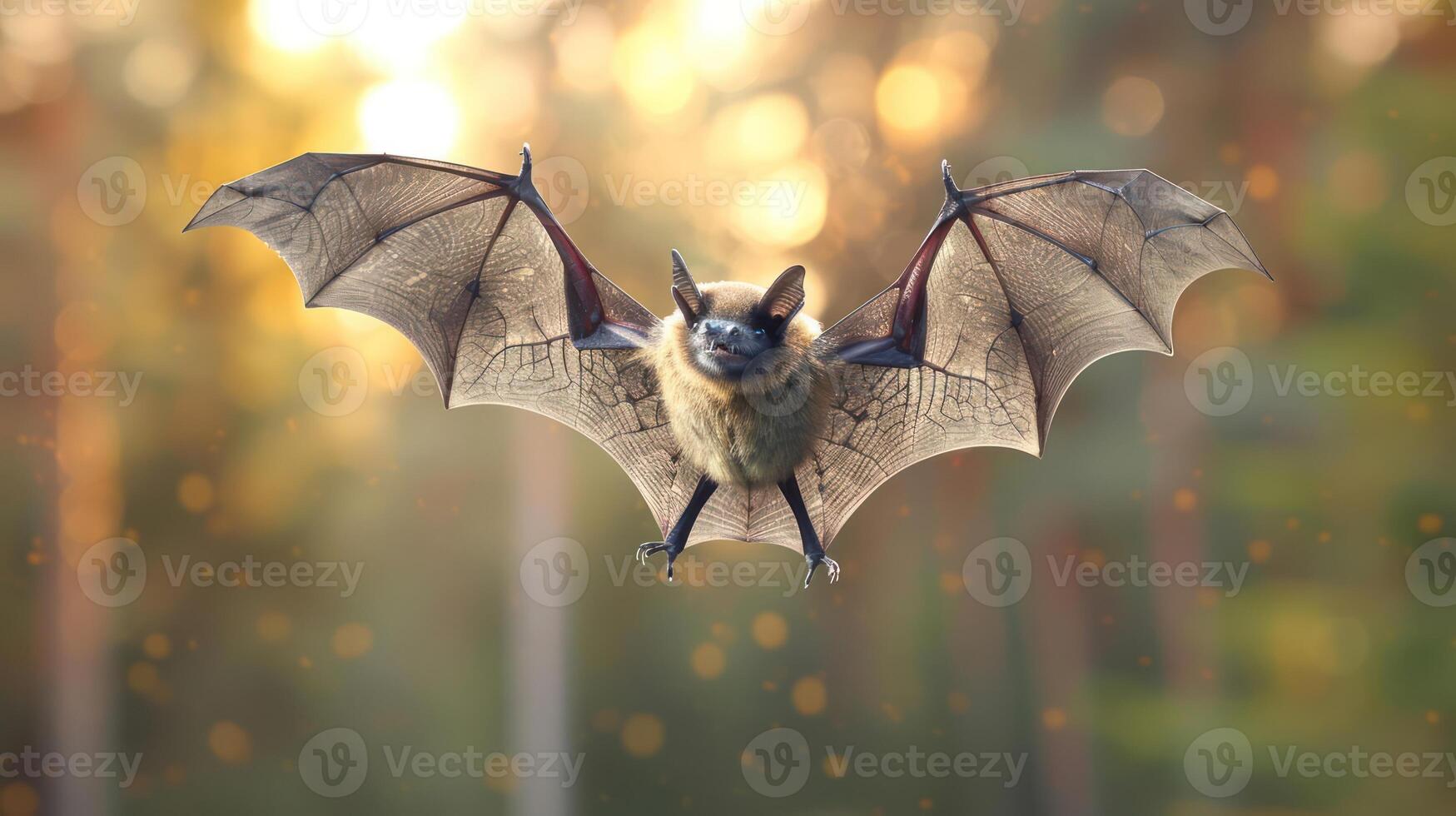 A bat in mid-flight showcasing its detailed wings against a blurred forest background photo