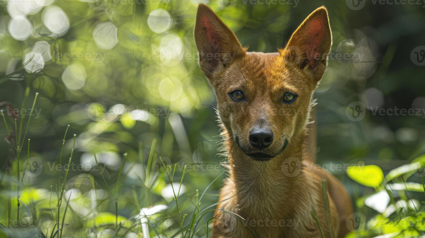 A focused wild dog stands amidst lush greenery, showcasing its alertness in a vibrant forest photo