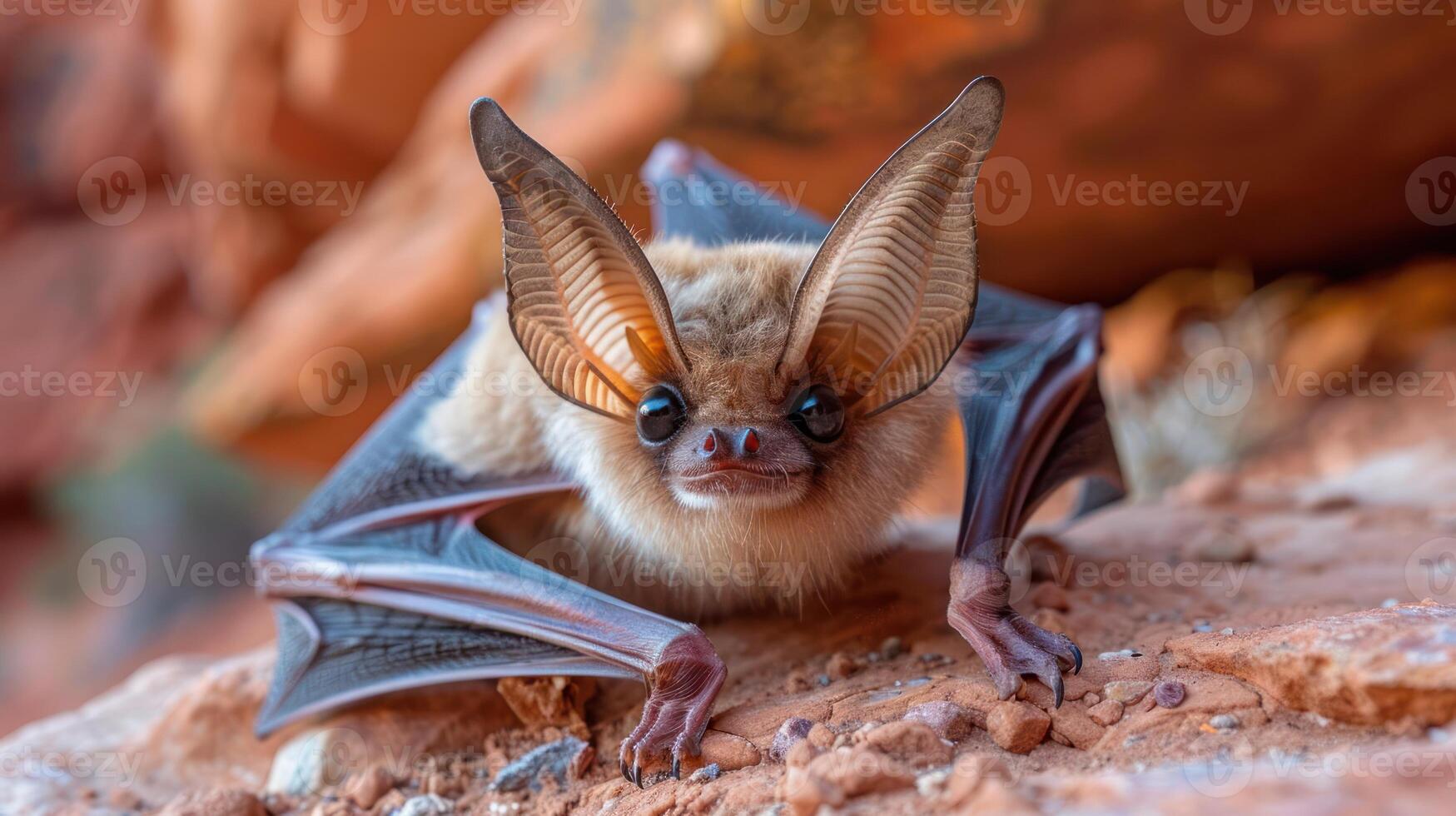 Close-up of a bat with large ears resting on rocky terrain in a natural habitat photo