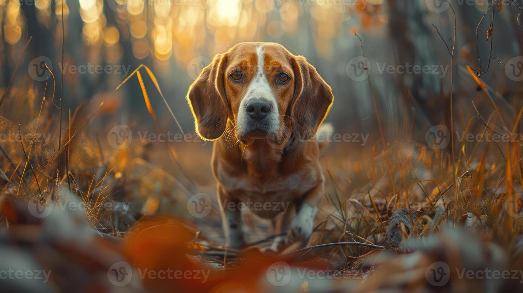 A beagle dog exploring a sunlit forest path surrounded by autumn foliage and soft light photo