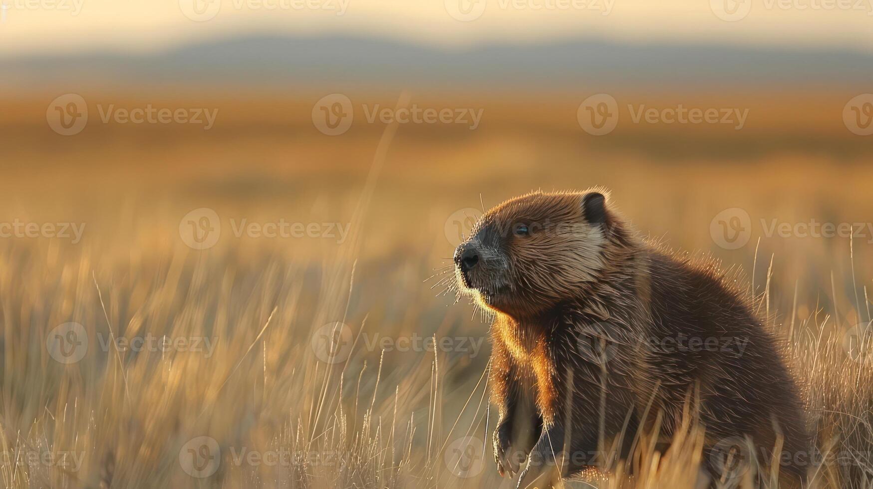 A beaver stands alert in a golden field during sunset, with mountains faintly visible in the background photo