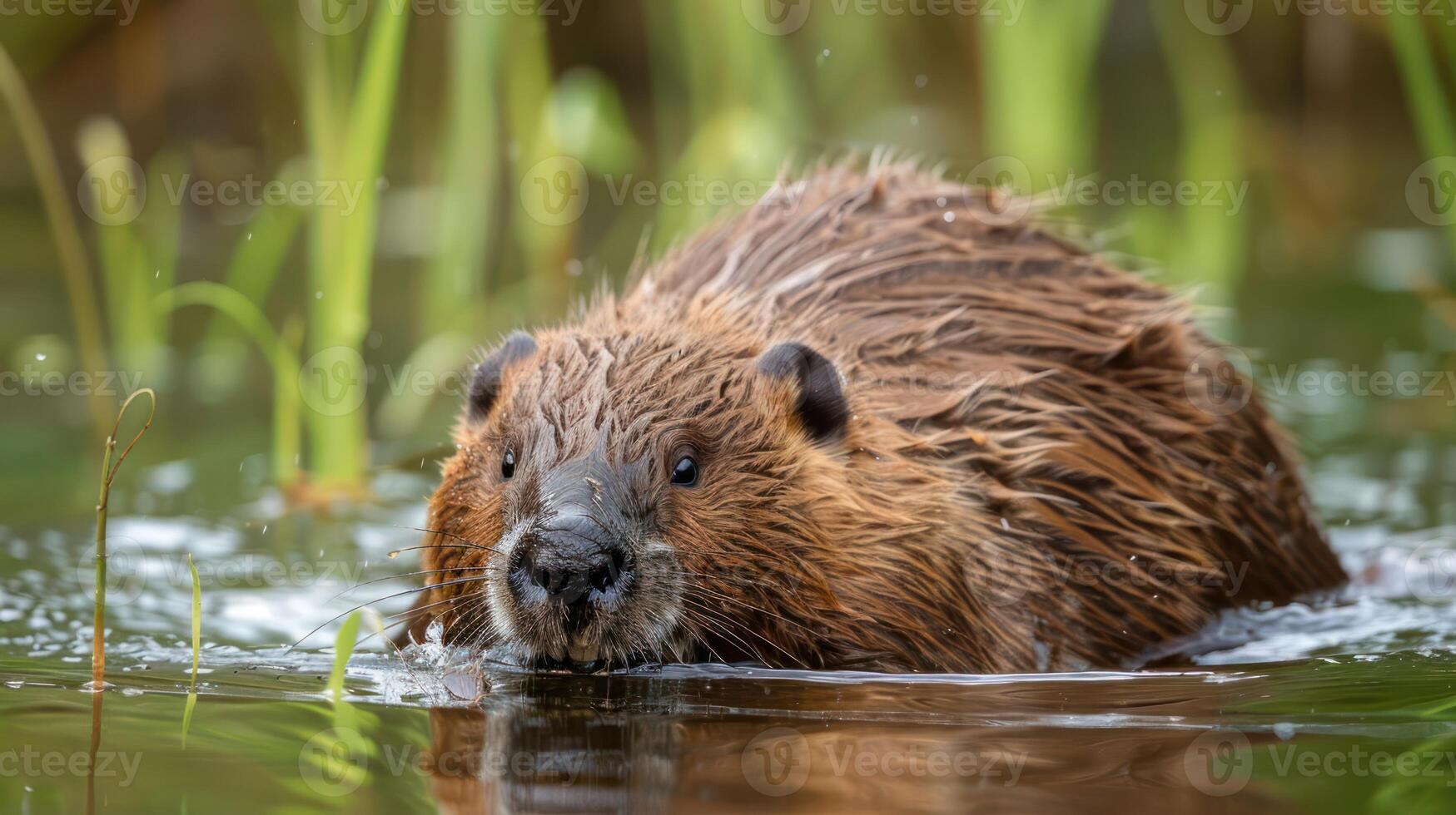 A beaver swimming through a serene wetland, surrounded by lush green grass and reeds photo