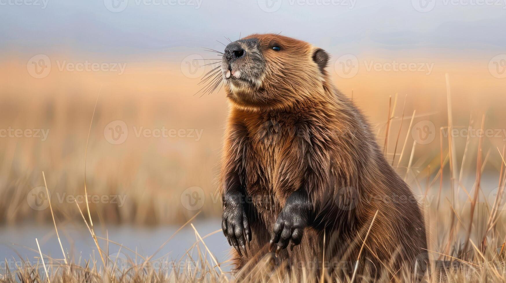 A beaver standing upright in a marshy area, surrounded by tall grasses and a serene water backdrop photo